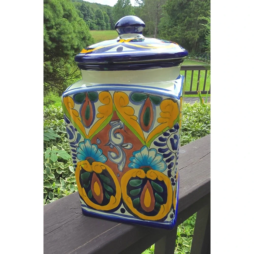 Vintage La Maceta Mexican Talavera Canister Jar with Lid Hand Painted Pottery